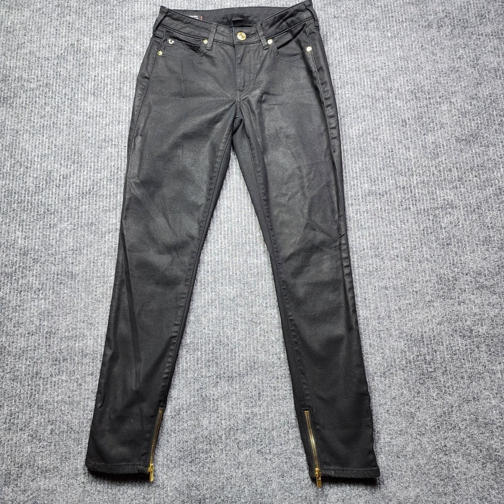 True Religion Jennie Curvy Skinny Black Coated Jeans Gold Zip Ankle Size 26